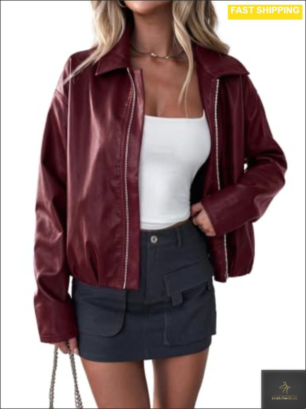 Faux Leather Motorcycle Jacket Cropped Moto Zip Up